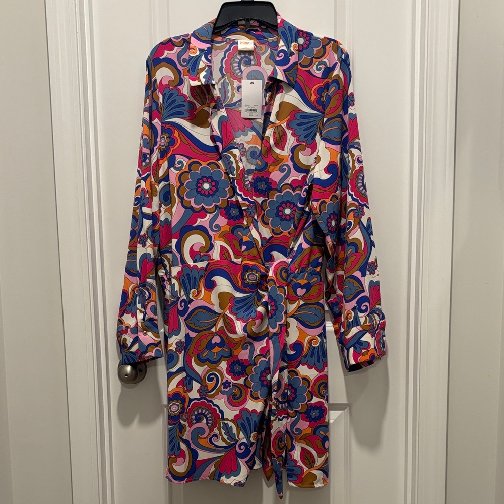 Vibrant Retro Floral Faux Wrap Dress - Multicolor